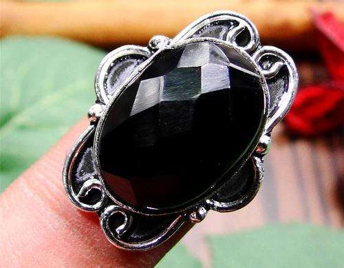 NATURAL BLACK ONYX & 925 SILVER OVERLAY RING US Size 7.5